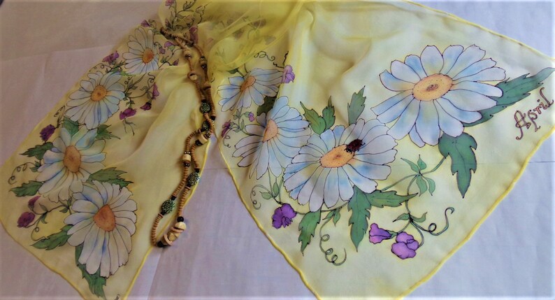 Silk Chiffon Scarf Custom order Hand painted Flower of the Month April image 4