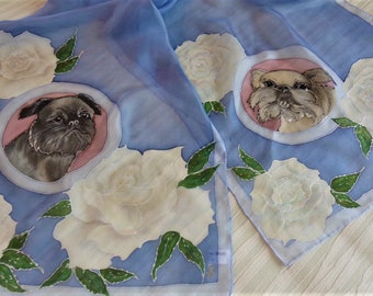Silk Scarf for Pet Lovers with a portrait of beloved pet CUSTOM ORDER Hand painted