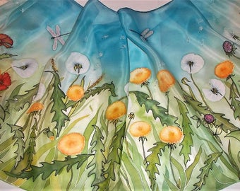 Silk scarf "Dandelion - make a wish and blow", Custom order Hand painted