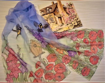 Silk Chiffon Scarf Custom order Hand painted "Flower of the Month" August