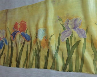 Silk scarf "Golden Irises", Custom order Hand painted