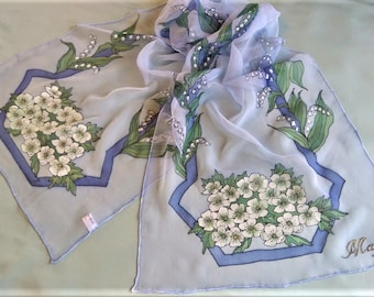 Silk Chiffon Scarf, Custom order Hand painted "Flowers of the Month" May