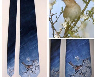 Silk tie "Nightingale", CUSTOM ORDER Hand painted