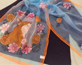 Silk Chiffon Large Scarf, Custom order Hand painted "Flowers of the Month"