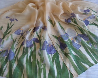 Silk Scarf-Wrap "Purple Irises", size: 30x72in (76x182cm), Custom order Hand painted