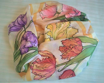 Silk scarf "Tulip season", Custom order, Hand painted, Stylish scarf