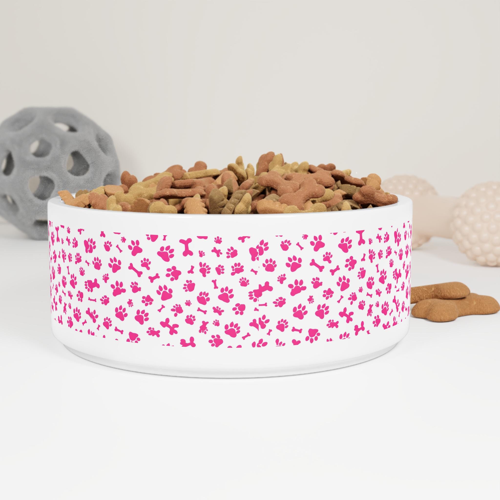 Cute Pink Pet Bowl With Paw Print Design, Personalized Dog Dish, Cat ...