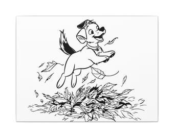 May include: Black and white illustration of a playful puppy jumping in a pile of leaves. The dog has floppy ears, a collar, and a wagging tail. Leaves are scattered around the dog, creating a sense of movement and joy.