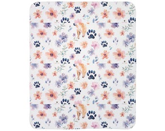 Floral Animal Pattern Dog Paw Print Fleece Sherpa Blanket | Dog Lover Throw