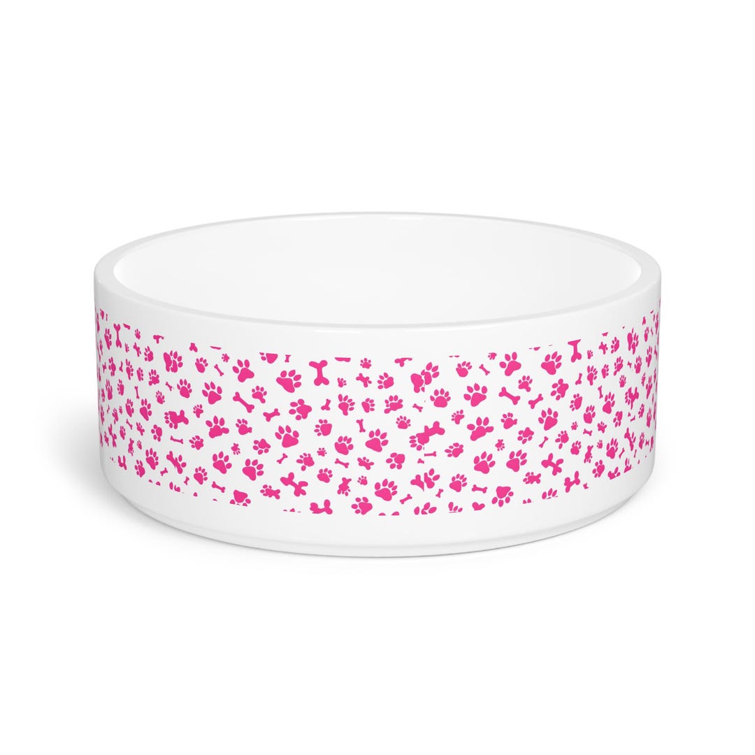 Cute Pink Pet Bowl With Paw Print Design, Personalized Dog Dish, Cat ...