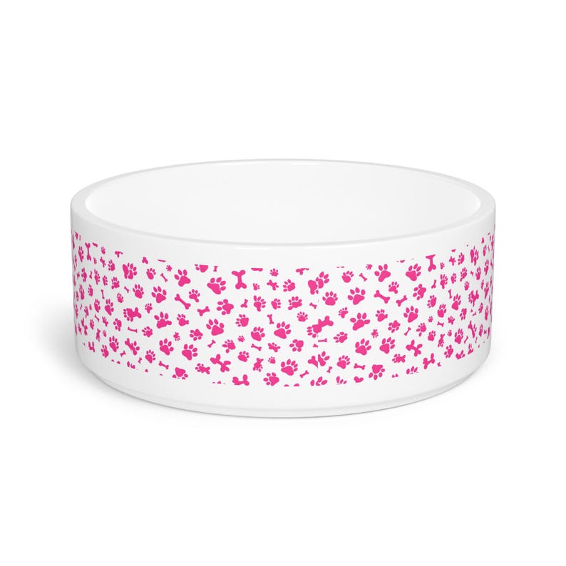 Cute Pink Pet Bowl With Paw Print Design, Personalized Dog Dish, Cat ...