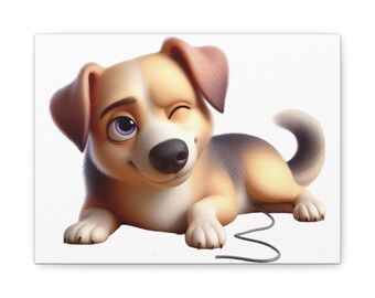 Puede incluir: Impresión en lienzo de un perro de dibujos animados guiñando un ojo. El perro tiene pelaje marrón, blanco y negro, con una oreja rosa y un ojo morado. Un cable gris está delante del perro. El perro está tumbado sobre un fondo blanco.