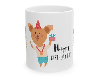 Ceramic Birthday Mug - Cute Dog Design, Gift for Pets Lovers, Celebration, Party, Funny Coffee Cup