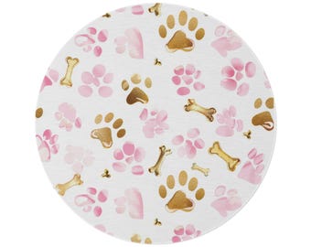 Pink Paw Prints and Bones Round Rug | Pet Pattern Home Decor