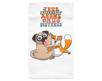 Borsa per il pranzo con gatto e carlino giocosi che si abbracciano / Borsa per il pranzo con simpatici animali