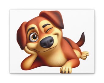 Puede incluir: Impresión en lienzo de un perro de dibujos animados en tonos marrones y beige, guiñando un ojo con una expresión alegre. El perro está tumbado, apoyando la cabeza en su pata, con una nariz negra y una cola rizada.