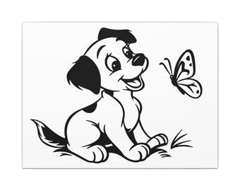May include: Black and white cartoon illustration of a puppy looking at a butterfly. The puppy has black ears, spots, and a tail. The butterfly is also black and white, with detailed wing patterns. The puppy is sitting on grass.