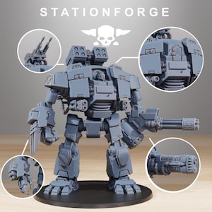 May include: A gray, detailed model of a mech robot with multiple weapons and armor plating. The model is on a black base, with close-up insets showing weapon and armor details. The text "STATIONFORGE" and a skull logo are visible at the top.