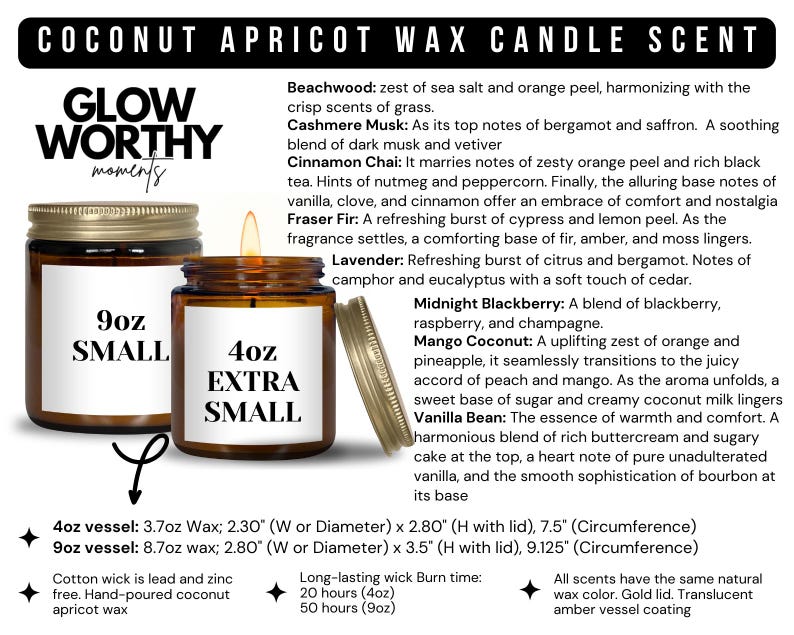 Op de afbeelding: Twee kokosnoot-abrikoos-waskaarsen in bruine glazen potten met gouden deksels. De kleinere pot is gelabeld "4oz EXTRA SMALL" en de grotere pot is gelabeld "9oz SMALL". De kaarsen worden omringd door tekst die de geuren en maten van de kaarsen beschrijft.