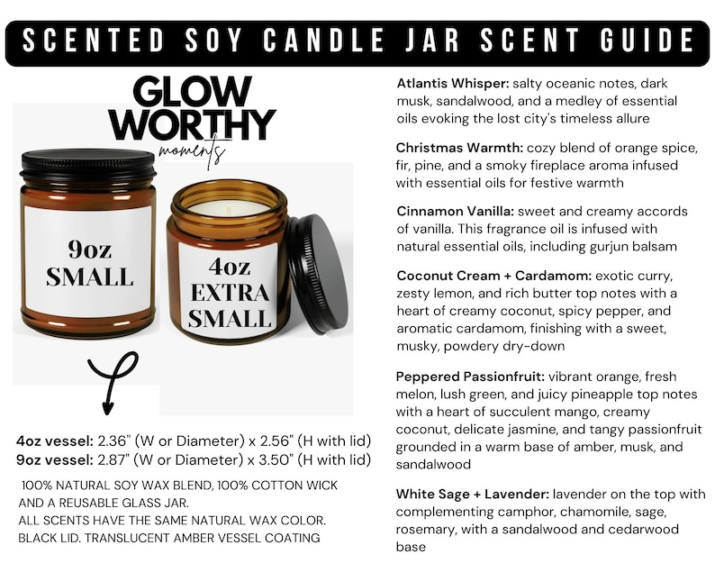 Op de afbeelding: Twee amberkleurige sojawas kaarsen in glazen potten met zwarte deksels. De kleinere kaars is gelabeld "4oz EXTRA SMALL" en de grotere kaars is gelabeld "9oz SMALL". De kaarsen staan op een witte achtergrond met tekst die verschillende geuren beschrijft.