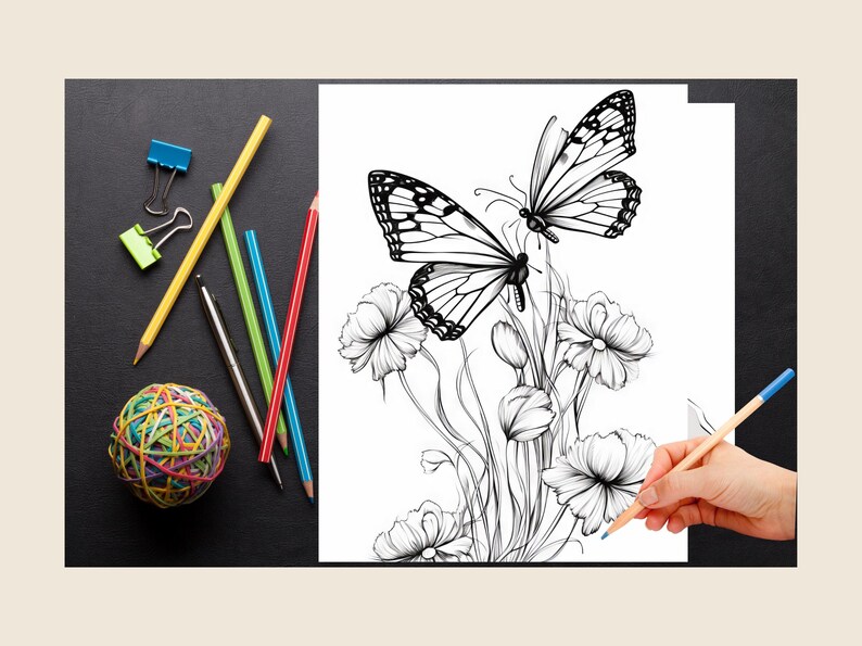 May include: A black and white line drawing of two butterflies perched on a cluster of flowers. The butterflies have intricate wing patterns and the flowers are detailed with delicate petals. The drawing is on a white sheet of paper and a hand is holding a blue pencil over the paper.