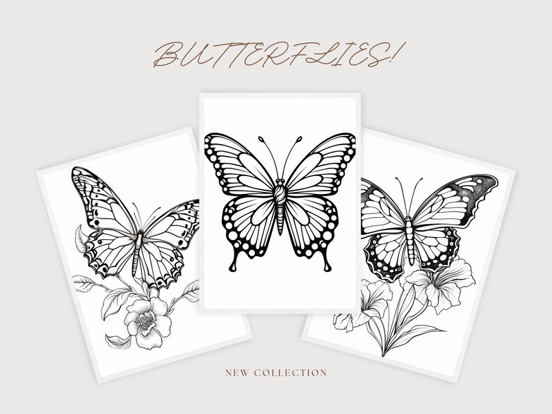 May include: Three black and white line drawings of butterflies. The butterflies are depicted with intricate details and are surrounded by floral elements. The text "BUTTERFLIES!" is at the top of the image and "NEW COLLECTION" is at the bottom.