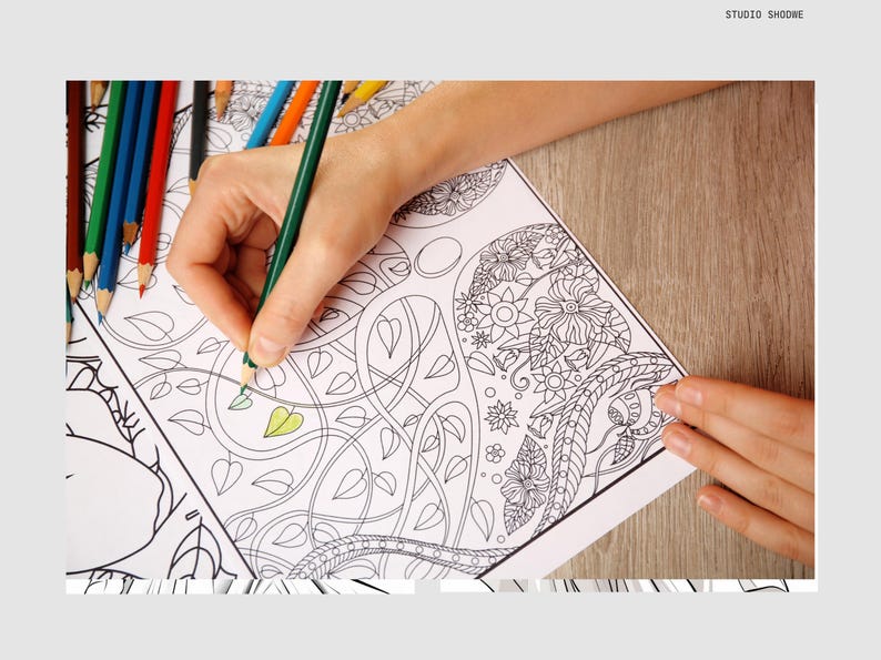 May include: A person coloring in a detailed black and white drawing of flowers and leaves with colored pencils. The drawing is on a white sheet of paper.