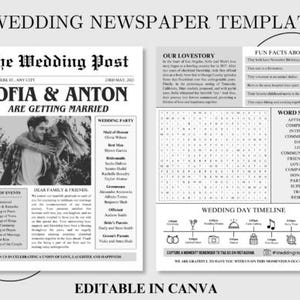Op de afbeelding: Een zwart-witte huwelijksaankondigingssjabloon in de stijl van een krant. De sjabloon bevat een foto van het paar, een lijst met de bruiloftsgasten, een tijdlijn van de gebeurtenissen, een liefdesverhaal, leuke weetjes over het paar en een woordzoeker. De tekst op de sjabloon luidt "The Wedding Post", "Sofia & Anton Are Getting Married", "Our Love Story", "Fun Facts About Us", "Word Search" en "Wedding Day Timeline".