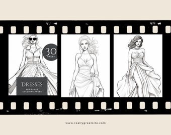 fashion sketches coloring pages, dress coloring book, instant PDF download for all ages