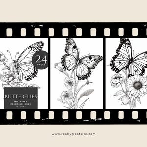 May include: A black and white illustration of three butterflies with flowers. The butterflies are in different poses and the flowers are in bloom. The text "Butterflies Mix-N-Max Coloring Pages Volume 1" and "24 Pages" are also included in the image.