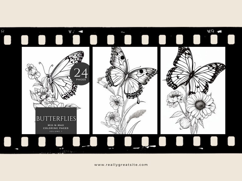May include: A black and white illustration of three butterflies with flowers. The butterflies are in different poses and the flowers are in bloom. The text "Butterflies Mix-N-Max Coloring Pages Volume 1" and "24 Pages" are also included in the image.