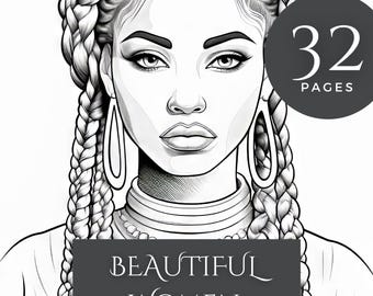 Stress relief coloring book for adults, beautiful women grayscale pages, printable art for mindfulness