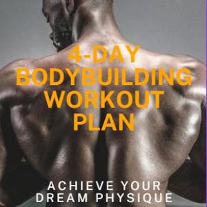 Könnte beinhalten: Ein muskulöser Mann mit kurzen Haaren steht mit dem Rücken zur Kamera. Der Text "4-DAY BODYBUILDING WORKOUT PLAN ACHIEVE YOUR DREAM PHYSIQUE" ist in Orange auf grauem Hintergrund dargestellt.