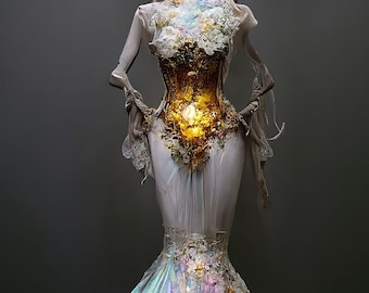 solar punk digital art print steampunk opal wedding dress