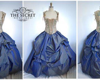 Belle wedding dress/gold corset dress/blue wedding/steampunk corset wedding dress/fantasy dress