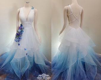 Deep V ombre wedding dress/ Iris Dreams/Backless wedding dress with 3D Flowers/Blue wedding dress/boho wedding dress/low back wedding dress