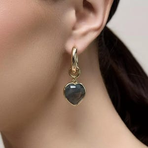 Natural Labradorite Heart Dangle Earrings - Hypoallergenic 18K Gold Plated Hoop Earrings - Elegant Blue-green Charm Earrings - Mystic Stone