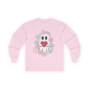 Ghostly Floral Long Sleeve Tee, Spooky Halloween Shirt, Cute Ghost Shirt, Flower Graphic Tee, Unisex Cotton Long Sleeve