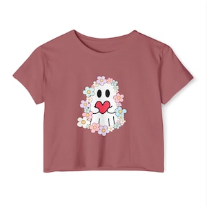 Crop Top, Cute Floral Ghost Festival Shirt, Women&#39;s Boho Summer Tank, Hippie Rave Top, Halloween Crop Tee, Ghostly Flower Power Blouse