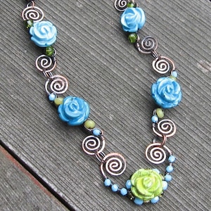 Turquoise Copper Necklace Flowers Swirls