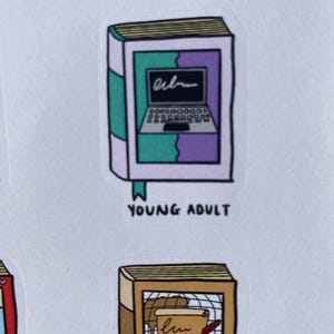 Close up of a young adult book sticker and a historical one.