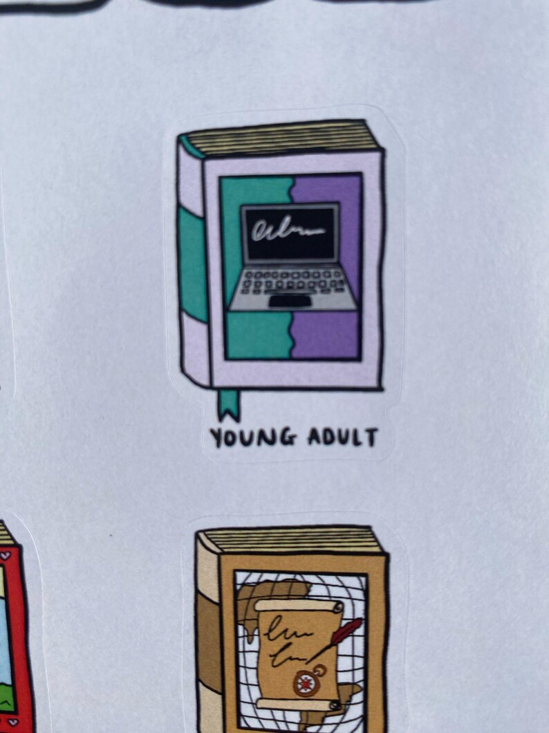 Close up of a young adult book sticker and a historical one.