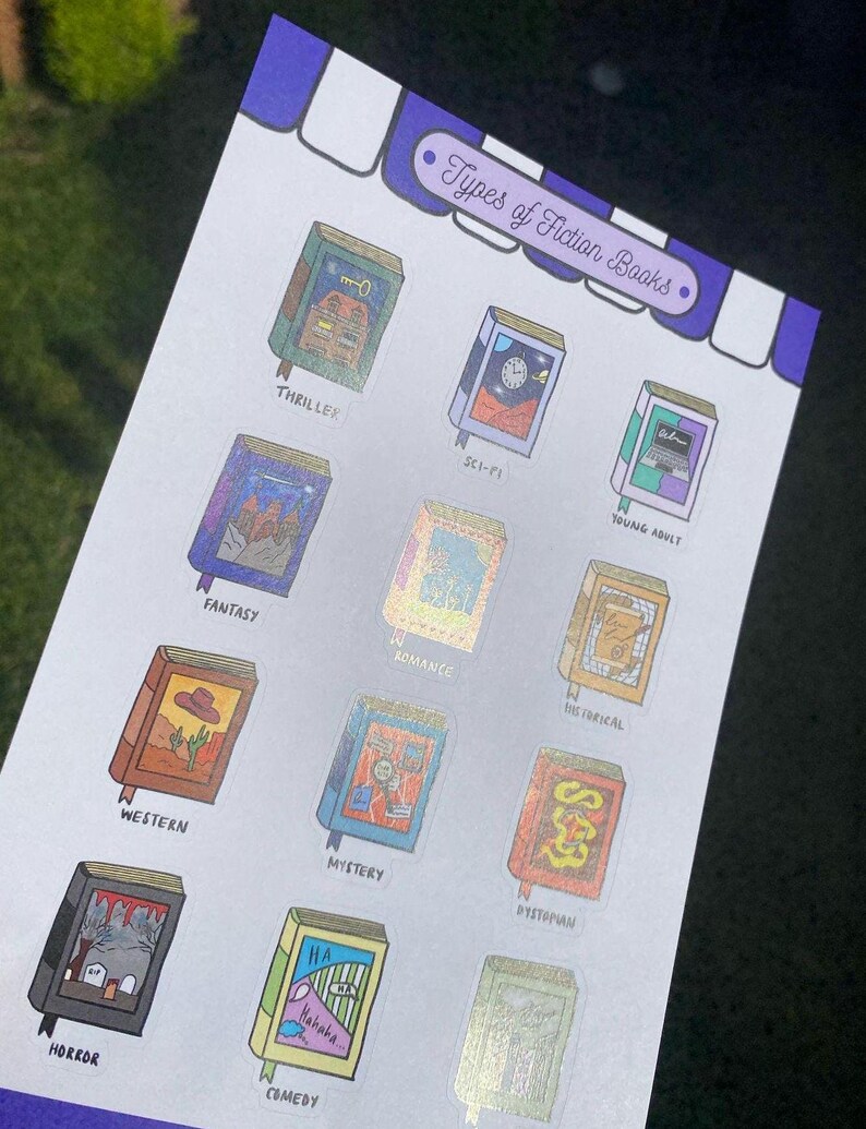 A5 sticker sheet with a purple and white stripy trim across the top with the title 'Types of Fiction Books'. There is 12 hand illustrated book shaped stickers across the sheet, each featuring a different genre of fiction. There is one sticker of each of the following: Thriller, Sci-Fi, Young Adult, Fantasy, Romance, Historical, Western, Mystery, Dystopian, Horror, Comedy, Action. Each sticker is super detailed, has a matt finish on a paper material. This is in the sunlight.