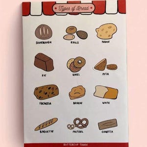 May include: A colourful chart with illustrations of different types of bread, including sourdough, rolls, naan, rye, bagel, pita, focaccia, brioche, white, baguette, pretzel, and ciabatta. The chart is titled "Types of Bread" and has the text "Buttercup Town" at the bottom.