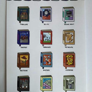 A5 sticker sheet with a purple and white stripy trim across the top with the title 'Types of Fiction Books'. There is 12 hand illustrated book shaped stickers across the sheet, each featuring a different genre of fiction. There is one sticker of each of the following: Thriller, Sci-Fi, Young Adult, Fantasy, Romance, Historical, Western, Mystery, Dystopian, Horror, Comedy, Action. Each sticker is super detailed, has a matt finish on a paper material. Perfect for book lovers.