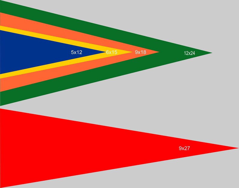 May include: A green, orange, yellow, and blue triangular pennant with the dimensions 12x24, 9x18, 6x15, and 5x12. Below is a red triangular pennant with the dimensions 9x27.