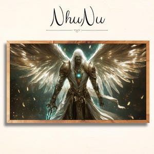 Peut inclure: Une peinture numérique d'un ange avec des ailes blanches et une auréole dorée. L'ange tient une épée dans sa main droite et a une expression sérieuse sur son visage.