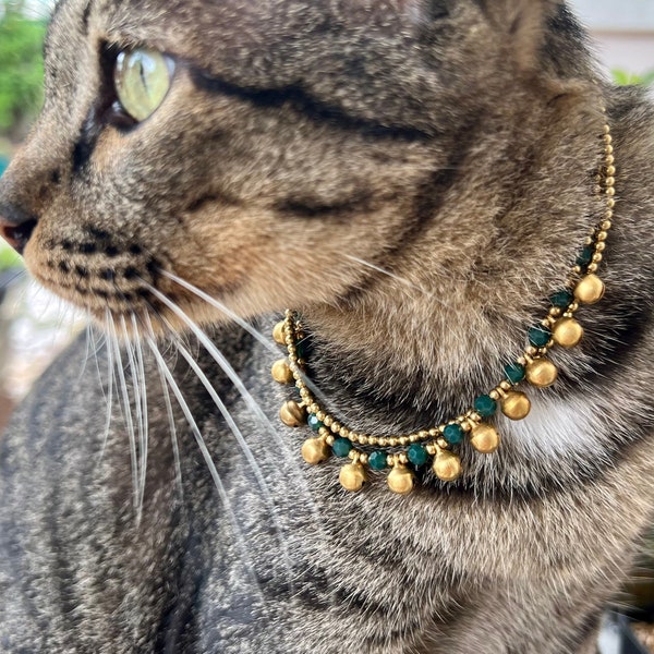 Crystal Beaded Brass Bells Chain Cat Collar, Pet Collar With Bells, Cute Cat Collar