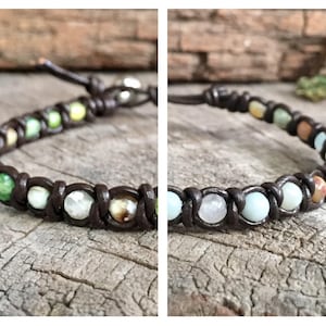 Gemstone Beads Braided Leather Unisex Bracelet, Beaded Leather Anklet, Mens Leather Anklet, Women Anklet