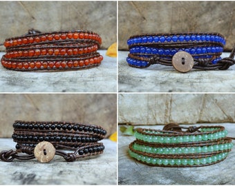 Gemstones Beaded Leather Unisex Bracelet, Beaded Leather Anklet, Mens Bracelet, For Her